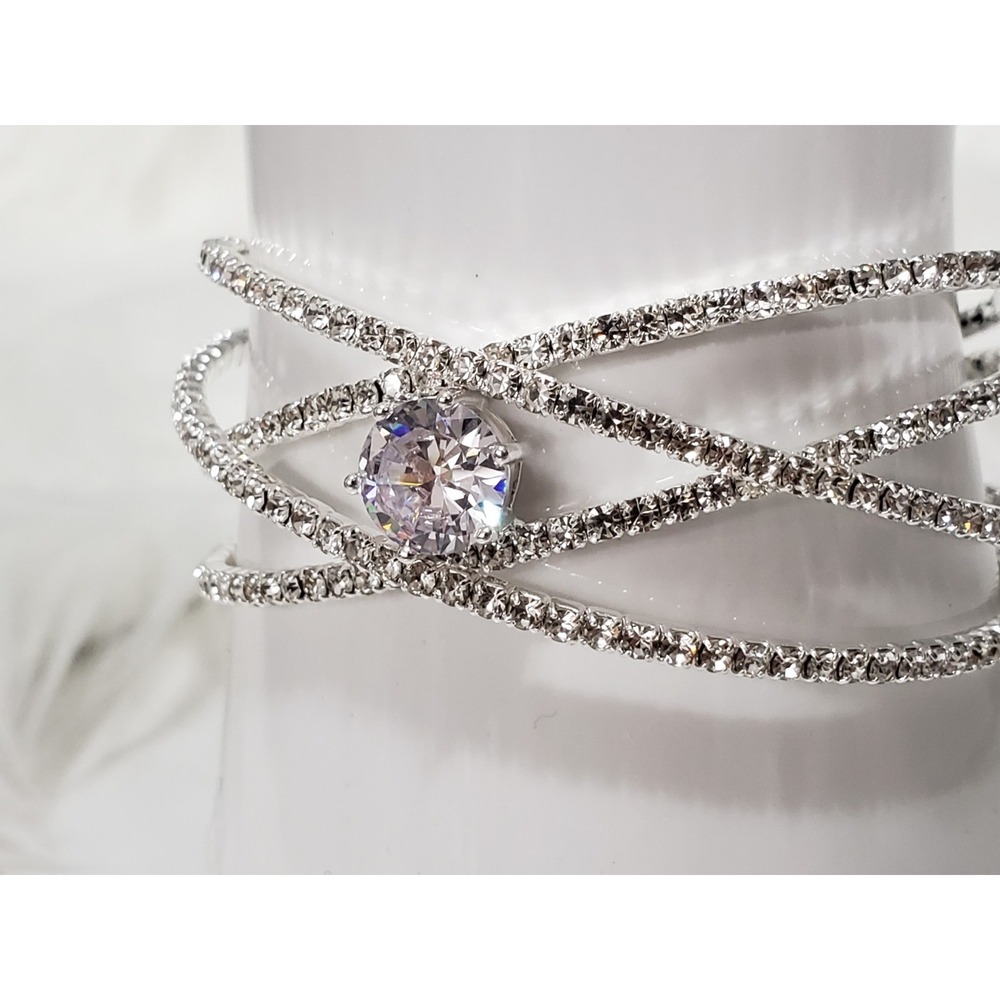 NWT Cubic Zirconia Cuff Bracelet crystal avenue white silver tone prom wedding